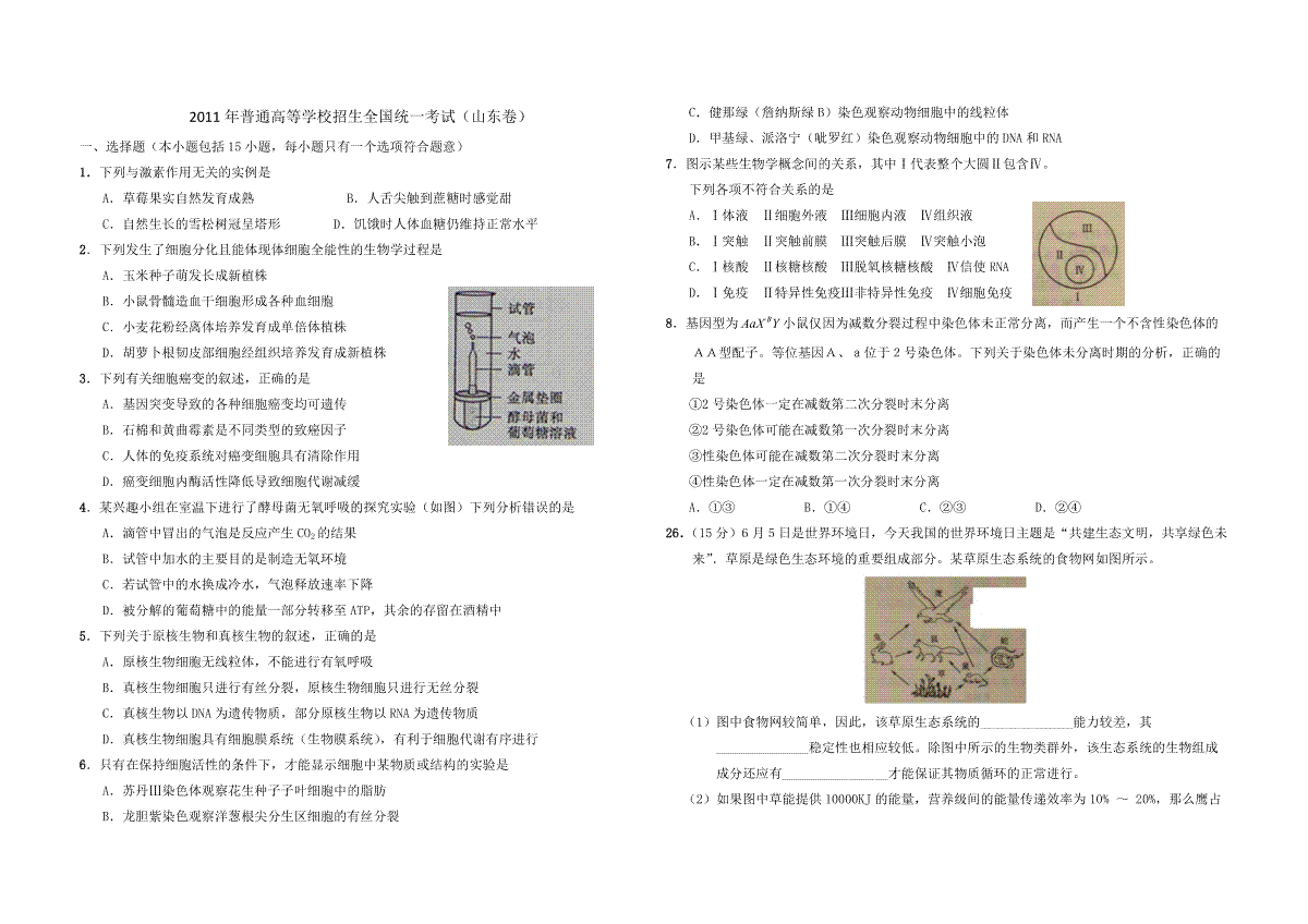 2011年高考真题 生物(山东卷)（原卷版）_第1页