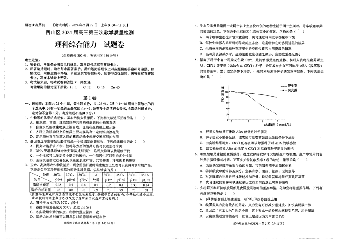 2024届云南省昆明市西山区高三三模理综_第1页