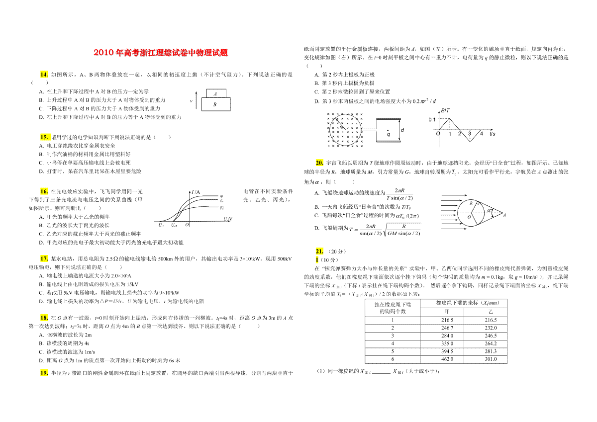 2011年浙江省高考物理（原卷版）_第1页